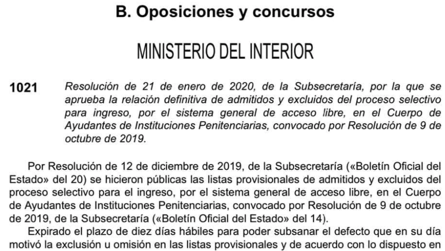 Relación definitiva de admitidos y excluidos y distribución de los aspirantes por sede de examen